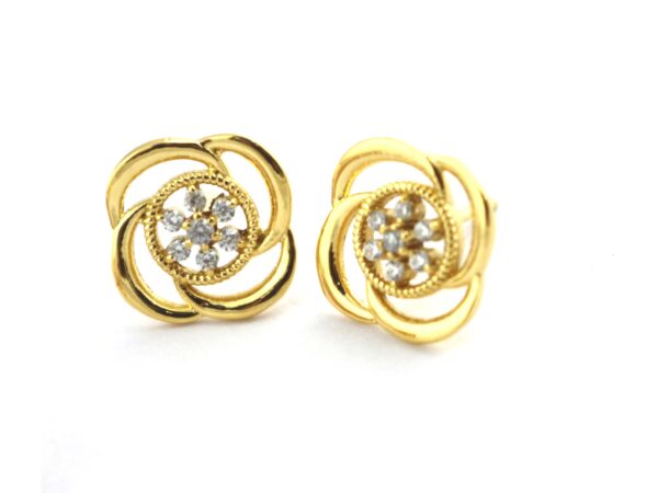 18k Solid Yellow Gold Diamond Studs- Flower Real Diamond Earrings