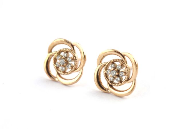 18k Solid Yellow Gold Diamond Studs- Flower Real Diamond Earrings - Image 2