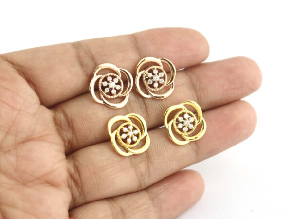 18k Solid Yellow Gold Diamond Studs- Flower Real Diamond Earrings - Image 6