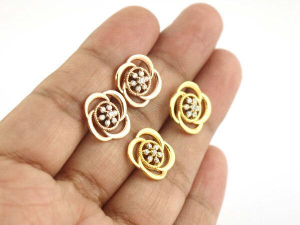 18k Solid Yellow Gold Diamond Studs- Flower Real Diamond Earrings - Image 5