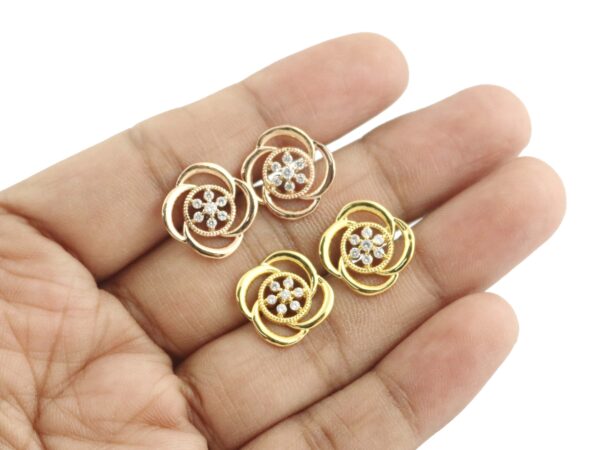 18k Solid Yellow Gold Diamond Studs- Flower Real Diamond Earrings - Image 4