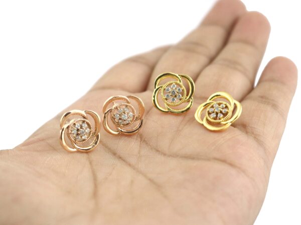 18k Solid Yellow Gold Diamond Studs- Flower Real Diamond Earrings - Image 3