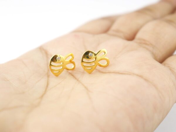 14k Solid Gold Honey Bee Minimalist Studs Earring - Image 13