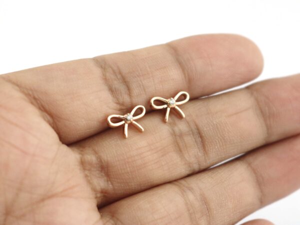 Diamond Bow Stud 14k Solid Gold Dainty Bow Earrings - Image 8