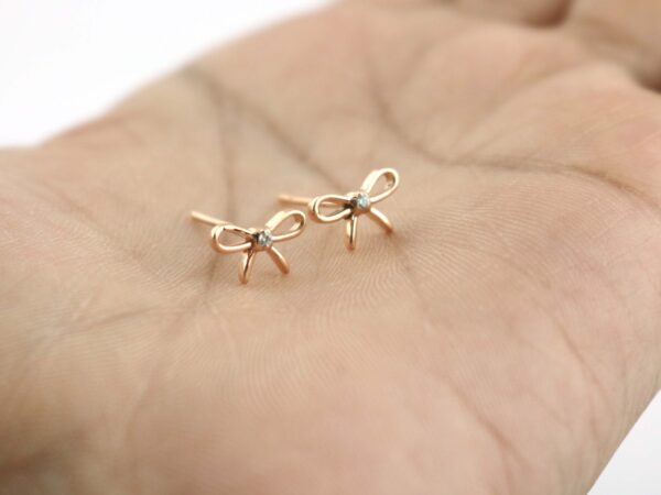 Diamond Bow Stud 14k Solid Gold Dainty Bow Earrings - Image 4