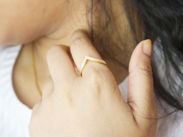 14k Solid Gold Diamond Chevron Minimalist Ring