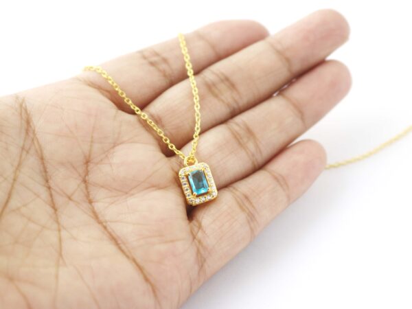 Blue Topaz Halo Diamond 14k Yellow Gold Chain Necklace - Image 10