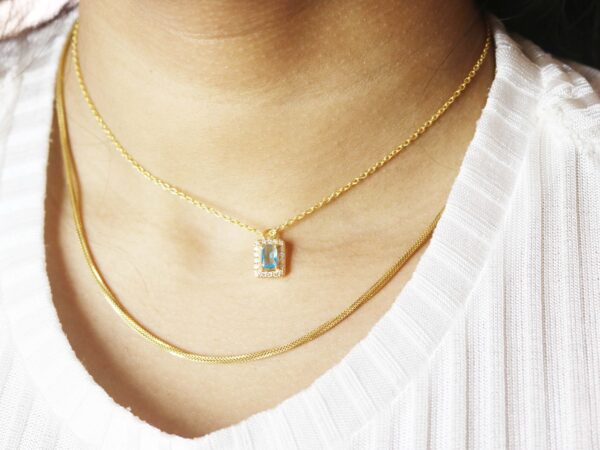 Blue Topaz Halo Diamond 14k Yellow Gold Chain Necklace - Image 5