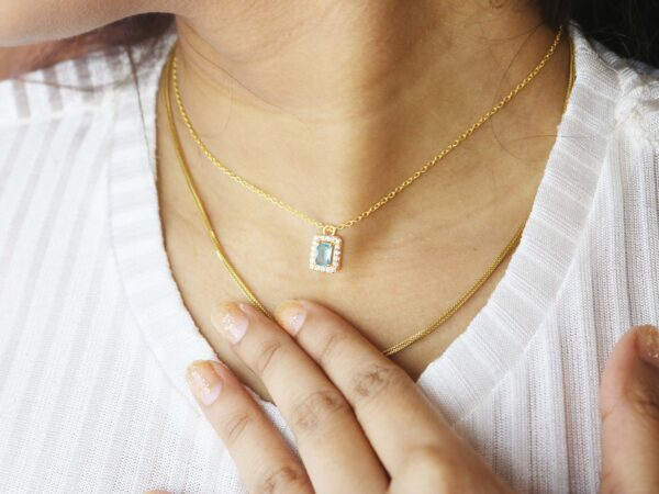 Blue Topaz Halo Diamond 14k Yellow Gold Chain Necklace - Image 2