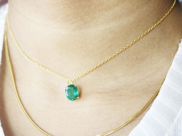 Natural Emerald Oval 14k Yellow Gold Dainty Chain Necklace - Image 4