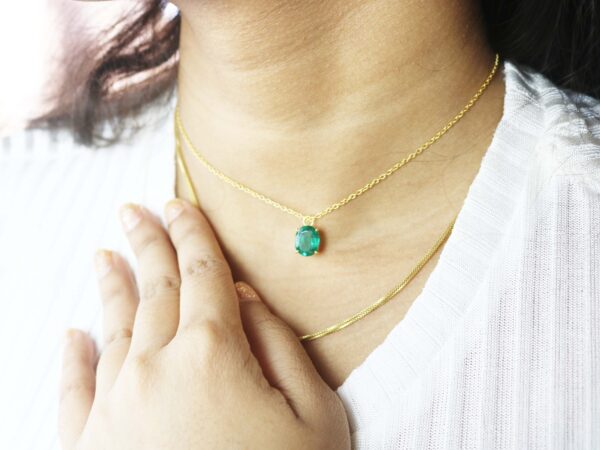 Natural Emerald Oval 14k Yellow Gold Dainty Chain Necklace - Image 2