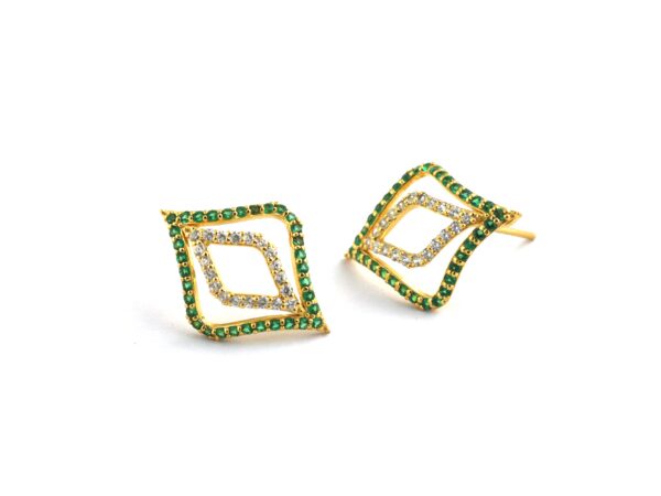 14k Yellow Gold Natural Emerald with Diamond Stud Earrings - Image 3