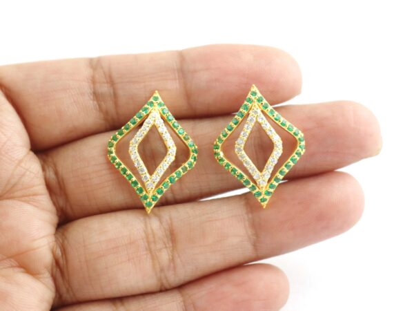 14k Yellow Gold Natural Emerald with Diamond Stud Earrings - Image 8