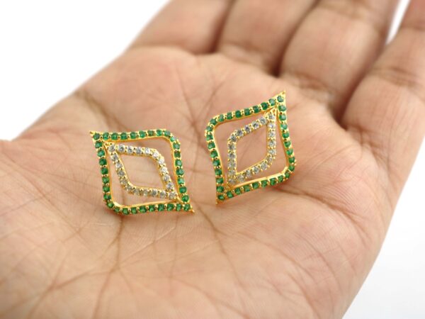 14k Yellow Gold Natural Emerald with Diamond Stud Earrings - Image 7