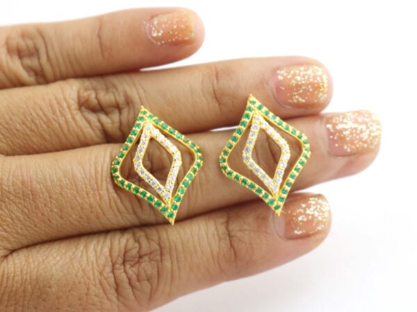 14k Yellow Gold Natural Emerald with Diamond Stud Earrings - Image 5