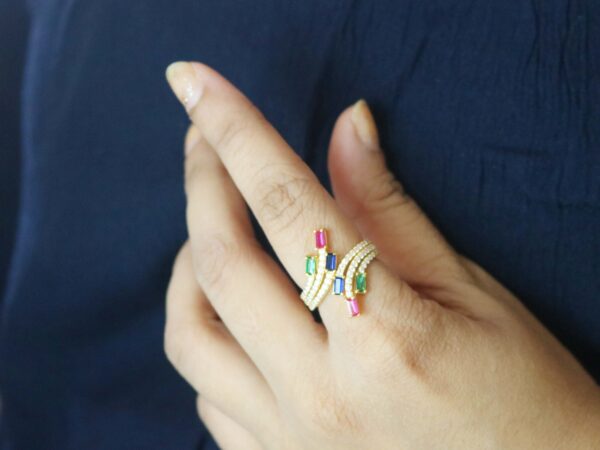 14k Yellow Gold Ruby Emerald Sapphire with Diamond Wedding Ring