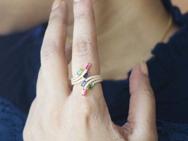 14k Yellow Gold Ruby Emerald Sapphire with Diamond Wedding Ring - Image 4