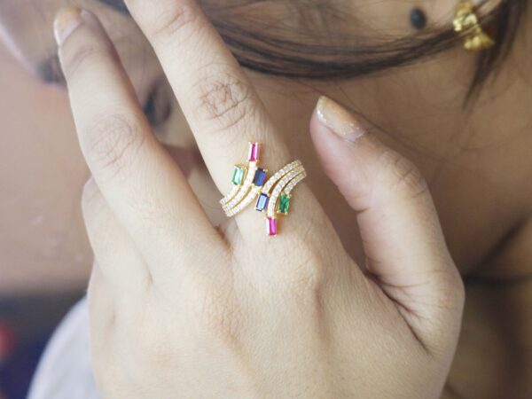14k Yellow Gold Ruby Emerald Sapphire with Diamond Wedding Ring - Image 3