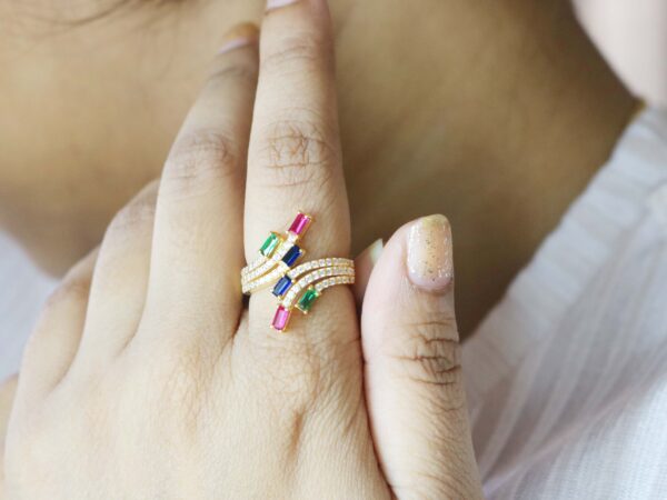 14k Yellow Gold Ruby Emerald Sapphire with Diamond Wedding Ring - Image 2