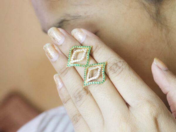 14k Yellow Gold Natural Emerald with Diamond Stud Earrings - Image 2