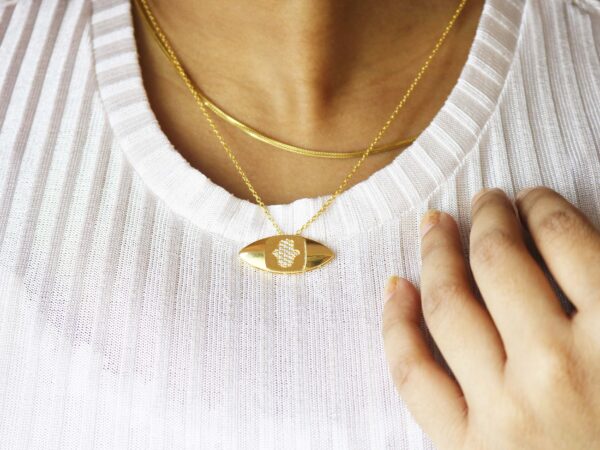 Hamsa Diamond 14k Yellow Gold Pendant Chain Necklace - Image 3