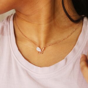 Natural Diamond 14k Rose Gold Butterfly Chain Necklace For Her