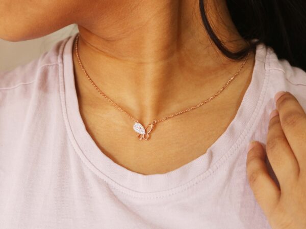 Natural Diamond 14k Rose Gold Butterfly Chain Necklace For Her