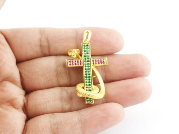 Natural Ruby And Emerald 14k Yellow Gold Snake Cross Pendant Necklace - Image 4