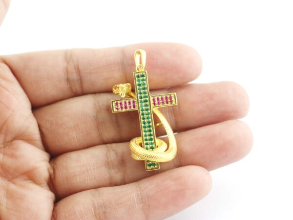 Natural Ruby And Emerald 14k Yellow Gold Snake Cross Pendant Necklace - Image 5