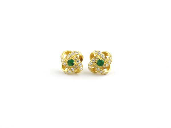 Natural Emerald With Real Diamond Floral 14k Yellow Gold Stud Earrings - Image 8