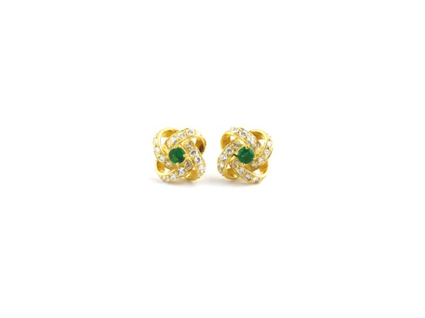 Natural Emerald With Real Diamond Floral 14k Yellow Gold Stud Earrings - Image 9