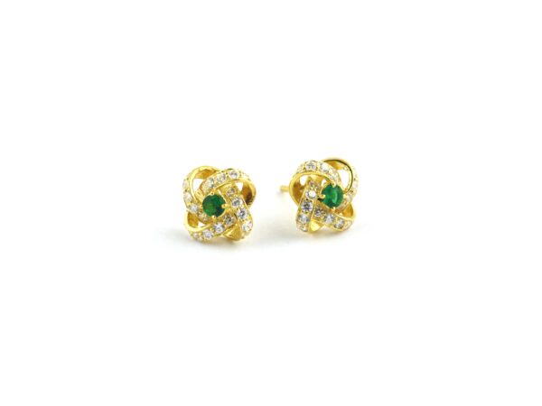 Natural Emerald With Real Diamond Floral 14k Yellow Gold Stud Earrings - Image 10