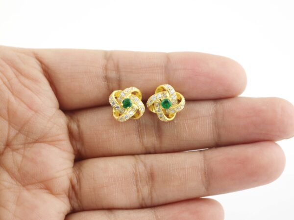 Natural Emerald With Real Diamond Floral 14k Yellow Gold Stud Earrings - Image 6