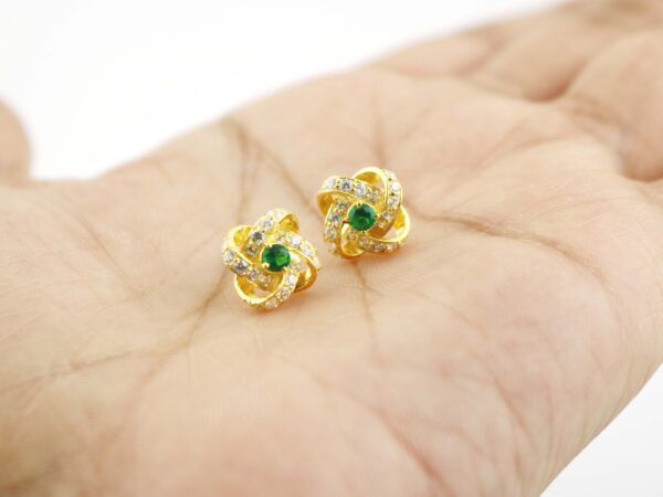 Natural Emerald With Real Diamond Floral 14k Yellow Gold Stud Earrings - Image 5