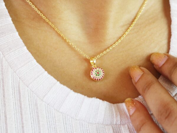 Natural Ruby Diamond Evil Eye 18k Yellow Gold Pendant Necklace - Image 3