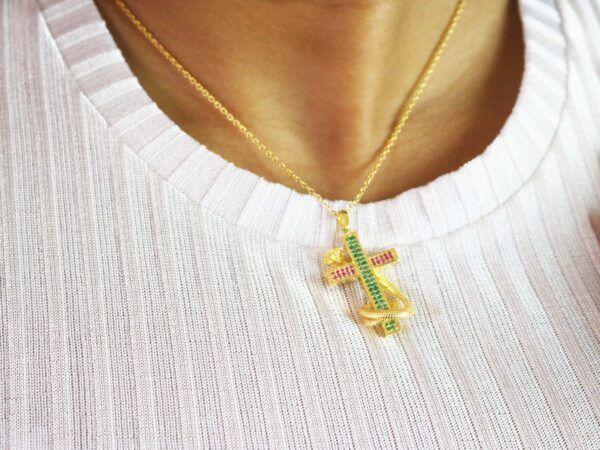 Natural Ruby And Emerald 14k Yellow Gold Snake Cross Pendant Necklace - Image 8