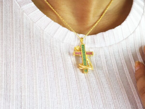 Natural Ruby And Emerald 14k Yellow Gold Snake Cross Pendant Necklace - Image 7