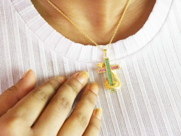 Natural Ruby And Emerald 14k Yellow Gold Snake Cross Pendant Necklace