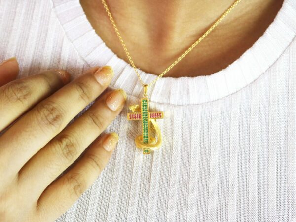 Natural Ruby And Emerald 14k Yellow Gold Snake Cross Pendant Necklace - Image 6
