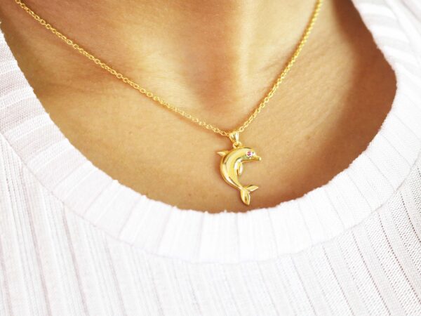 Dolphin Charm 14k Yellow Gold Animal Lover Pendant Necklace - Image 3