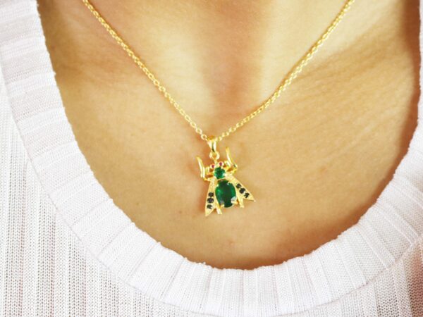 Emerald Honey Bee 14k Yellow Gold Pendant Necklace For Her - Image 2