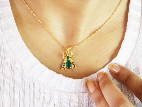 Emerald Honey Bee 14k Yellow Gold Pendant Necklace For Her