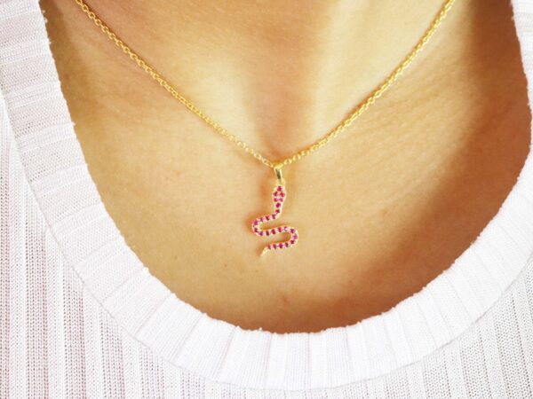 Natural Ruby Snake 14k Yellow Gold Animal Lover Pendant Necklace Gift - Image 4