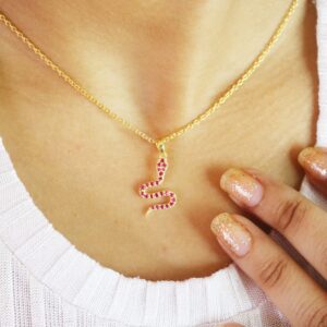 Natural Ruby Snake 14k Yellow Gold Animal Lover Pendant Necklace Gift