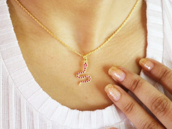 Natural Ruby Snake 14k Yellow Gold Animal Lover Pendant Necklace Gift
