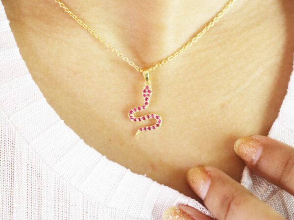 Natural Ruby Snake 14k Yellow Gold Animal Lover Pendant Necklace Gift - Image 2
