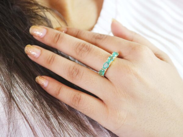 Natural Emerald with Diamond Half Eternity 14k Gold Wedding Ring - Image 2