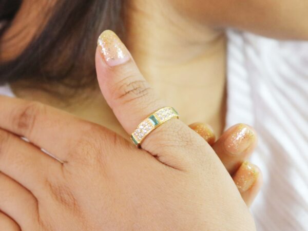 Natural Emerald Octagon with Real Diamond 14k Gold Wedding Band Ring - Image 3