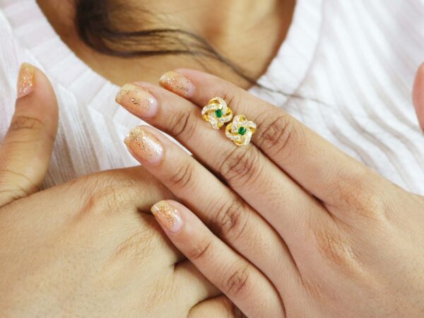 Natural Emerald With Real Diamond Floral 14k Yellow Gold Stud Earrings - Image 3
