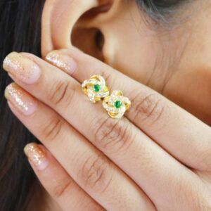 Natural Emerald With Real Diamond Floral 14k Yellow Gold Stud Earrings